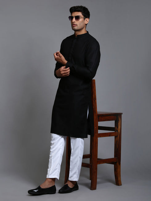 Vastramay Men's Black Cotton Blend Kurta and White Pant Set